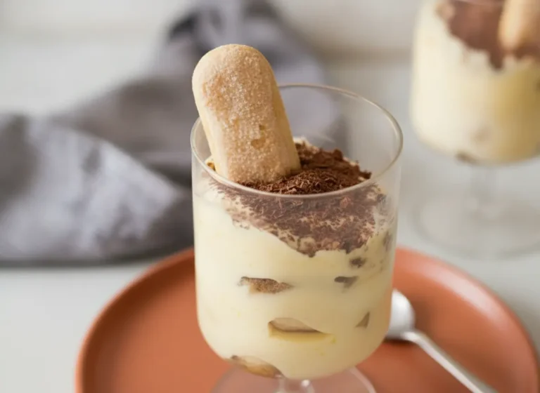 A hero shot of two elegant glass tumblers filled with Tiramisu For Two. Each glass shows distinct layers of pale yellow mascarpone cream and dark espresso-soaked ladyfinger pieces. The tops are heavily dusted with fine dark cocoa powder, and a single whole ladyfinger stands upright as a garnish. The glasses are set on a terracotta-colored ceramic saucer on a white marble countertop. Natural morning light flows in from the side, creating soft shadows. A grey linen napkin and a wooden cutting board are visible in the background with a sprig of fresh mint.