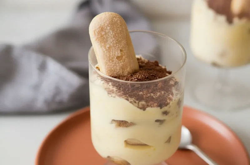 A hero shot of two elegant glass tumblers filled with Tiramisu For Two. Each glass shows distinct layers of pale yellow mascarpone cream and dark espresso-soaked ladyfinger pieces. The tops are heavily dusted with fine dark cocoa powder, and a single whole ladyfinger stands upright as a garnish. The glasses are set on a terracotta-colored ceramic saucer on a white marble countertop. Natural morning light flows in from the side, creating soft shadows. A grey linen napkin and a wooden cutting board are visible in the background with a sprig of fresh mint.