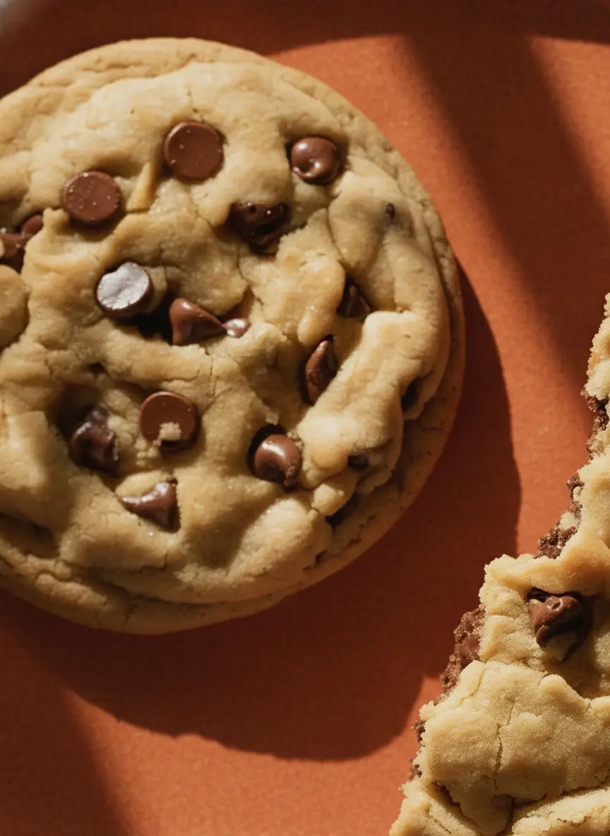 A top-down view of cookie ingredients: a small pile of flour, a pat of butter, a bowl of brown sugar, and a scattering of chocolate chips on a rustic wooden cutting board. Minimalist aesthetic, clean presentation, soft natural light on marble surface. 3:4 aspect ratio.