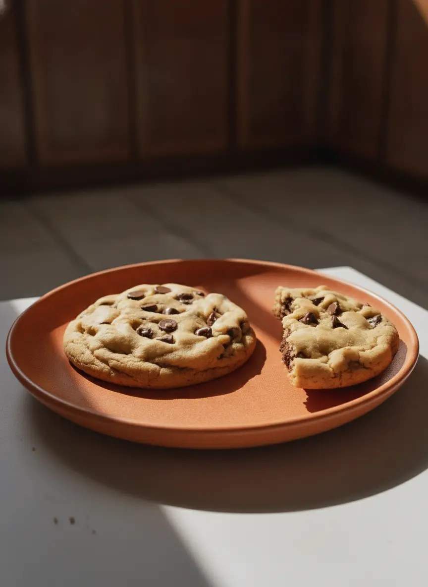 Two large mounds of chocolate chip cookie dough sitting on a parchment-lined baking sheet. The dough is thick and studded with chips. A marble countertop and a glimpse of a wooden kitchen utensil are in the background. Warm, inviting tones. 3:4 aspect ratio.