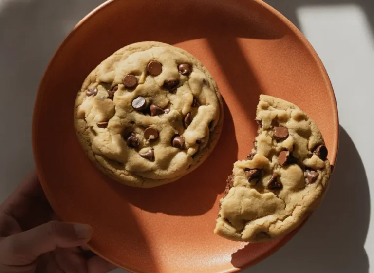 A hero shot of two huge chocolate chip cookies, thick and golden brown with visible semi-sweet chocolate chips, resting on a minimalist light gray ceramic plate. The plate is positioned on a white marble countertop. Warm morning light streams in from an east-facing window, creating soft shadows. In the background, a small wooden cutting board and a jar of fresh green herbs are softly blurred. 4:3 aspect ratio.