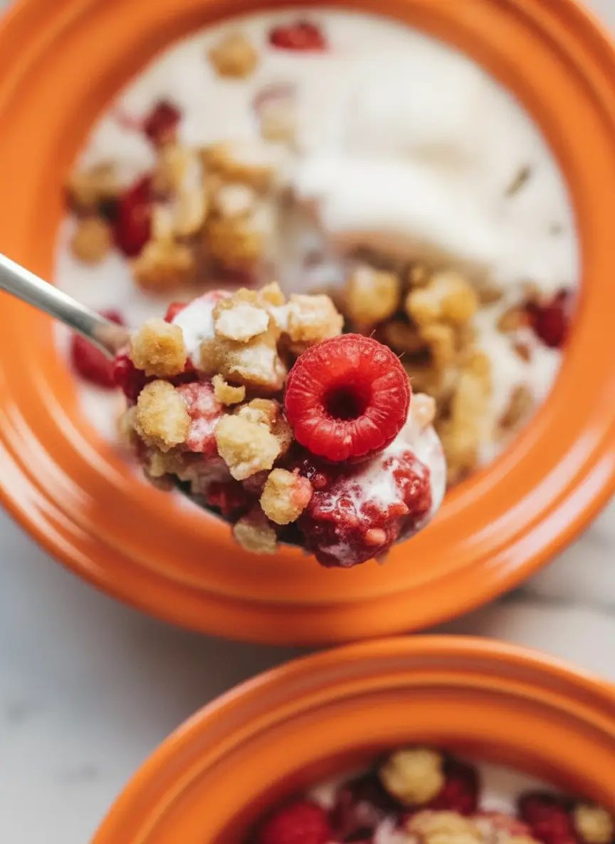 A 3:4 shot focusing on the preparation. A minimalist white bowl contains fresh, bright red raspberries being tossed with a wooden spoon. Next to it, a rustic wooden cutting board holds small piles of rolled oats, brown sugar, and cubes of cold butter. The scene is set on a clean marble countertop with soft, warm morning light.