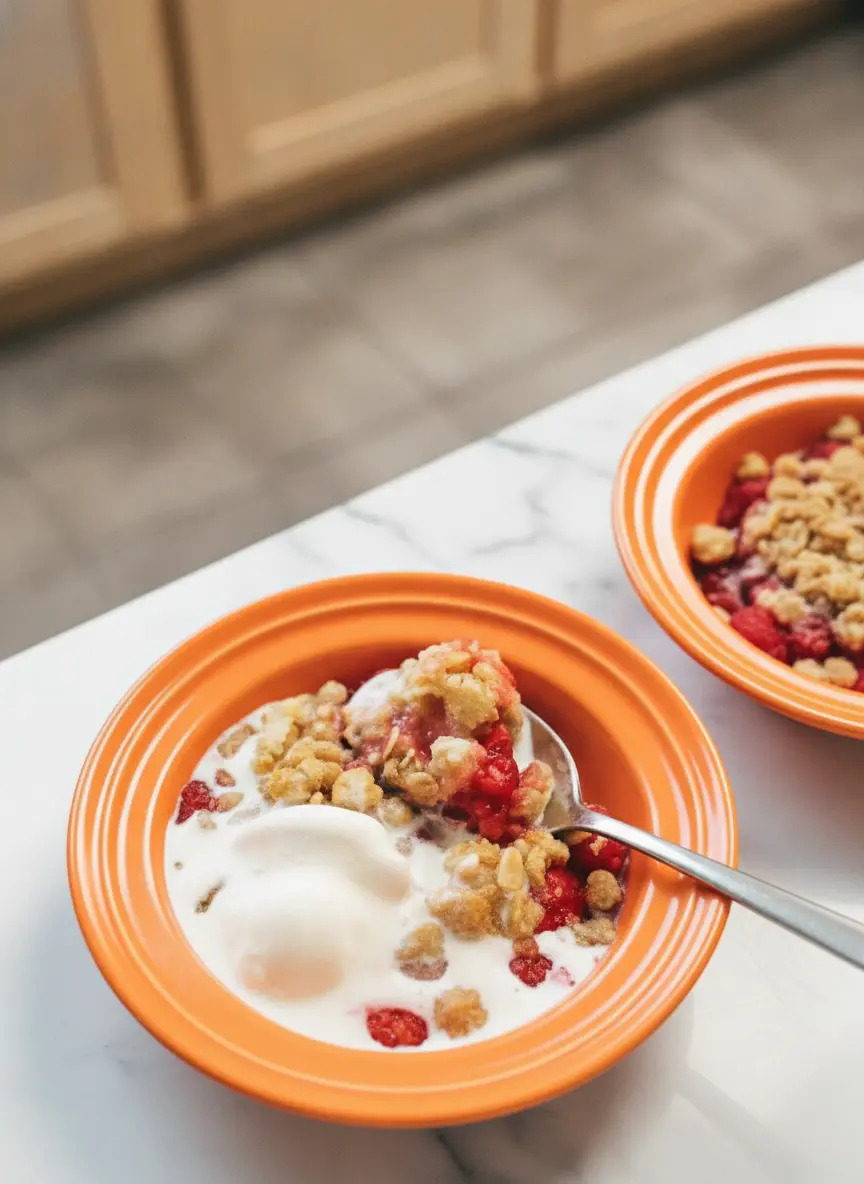 A 3:4 process shot showing two white ceramic ramekins side-by-side. One is filled only with the raw red raspberries, and the other is being topped with the textured, sandy oat and butter crumble mixture. No hands are visible. The focus is on the contrast between the fruit and the dry topping. Warm tones and clean kitchen presentation.
