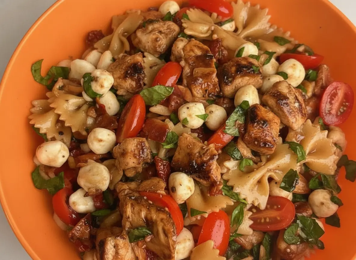 A hero shot of a vibrant Caprese Pasta Salad served in a bright orange ceramic bowl. The salad features bowtie pasta, halved cherry tomatoes, creamy white mozzarella pearls, chunks of grilled chicken, and fresh green basil, all drizzled with a dark, glossy balsamic glaze. The bowl sits on a white marble countertop next to a wooden cutting board with fresh garlic bulbs and herbs. Natural morning light streams in, creating soft shadows and warm tones.
