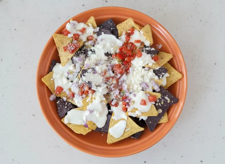 A high-angle 4:3 hero shot of Queso Blanco Nachos on a large white ceramic platter. The nachos consist of a mix of yellow and purple corn tortilla chips, generously drizzled with a thick, glossy white cheese sauce. The chips are topped with a heavy dusting of white crumbly cotija cheese, finely diced red onions, and bright red diced tomatoes. The platter sits on a white marble countertop with a hint of a wooden cutting board nearby. Soft morning light from an east window creates gentle shadows and highlights the creamy texture of the sauce.