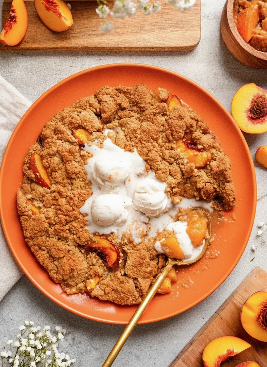Freshly sliced peaches with skins on, tossed in cinnamon and sugar, resting on a signature wooden cutting board next to a white ceramic bowl filled with almond flour and oats. Bright morning light illuminates the scene on a white marble countertop.
