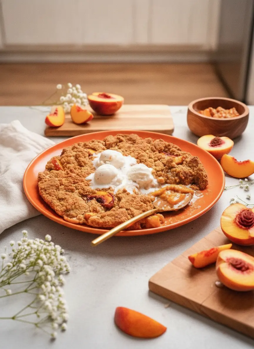 A white enameled cast iron skillet being filled with a mixture of sliced peaches and topped with rustic clumps of golden crumble dough. The scene shows the contrast between the vibrant fruit and the textured topping, captured from a high angle with soft shadows.