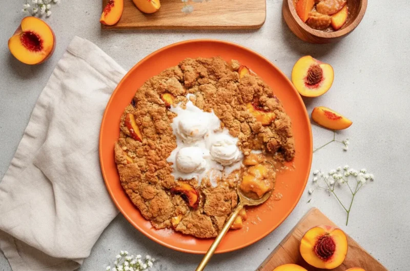 A hero shot of a Vegan Gluten-Free Peach Cobbler in a white enameled skillet. The cobbler has a chunky golden-brown crumble topping with bright orange peach slices peeking through. Three large scoops of melting vegan vanilla ice cream sit on top. A gold spoon is partially buried in the cobbler. The skillet is on a marble countertop with soft morning light from a side window. Fresh baby's breath flowers and sliced peaches on a wooden board are in the background.
