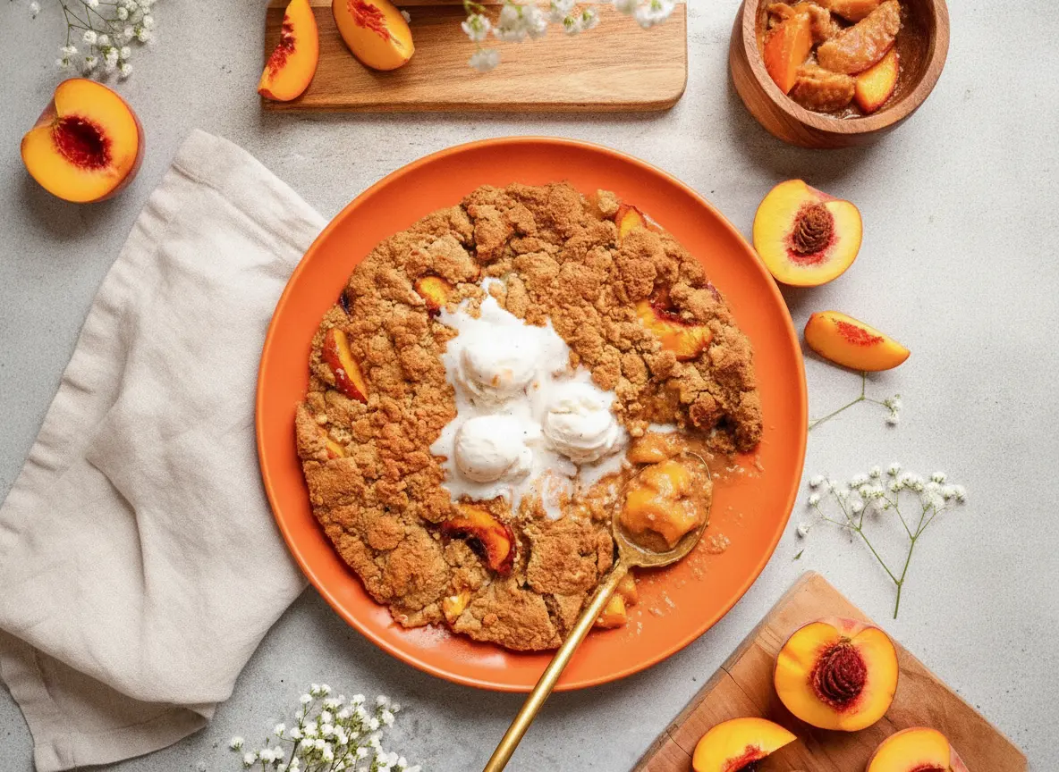 A hero shot of a Vegan Gluten-Free Peach Cobbler in a white enameled skillet. The cobbler has a chunky golden-brown crumble topping with bright orange peach slices peeking through. Three large scoops of melting vegan vanilla ice cream sit on top. A gold spoon is partially buried in the cobbler. The skillet is on a marble countertop with soft morning light from a side window. Fresh baby's breath flowers and sliced peaches on a wooden board are in the background.