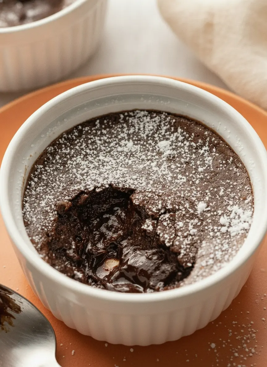 A preparation shot on a white marble countertop showing a minimalist white ceramic bowl filled with dry ingredients: white flour and dark brown cocoa powder. A wooden spoon rests on the side of the bowl. Fresh herbs are blurred in the background under soft natural light.