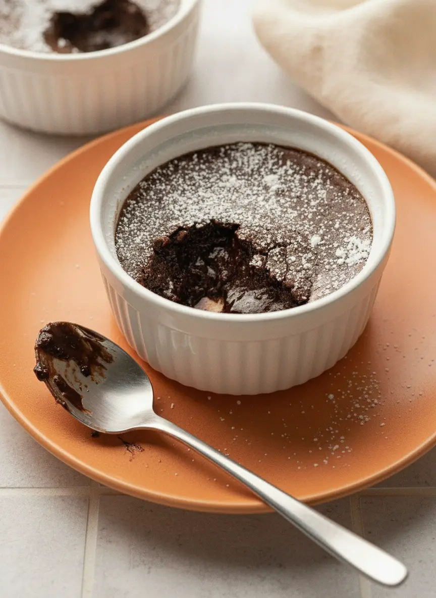 A technique-focused shot showing clear boiling water being poured over the back of a silver spoon onto chocolate batter in a white ramekin. The ramekin sits on the signature wooden cutting board. The scene is bright and airy with warm tones.
