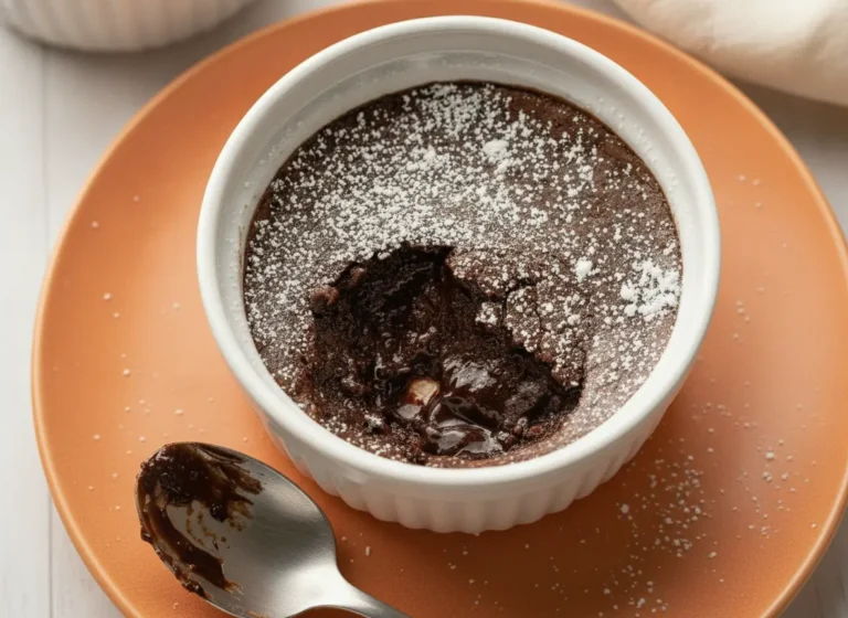 A hero shot of a single white ceramic ramekin filled with Viral Brownie Pudding for Two, featuring a dark chocolate fudgy top dusted with powdered sugar. A silver spoon has taken a scoop out, revealing a glossy, molten chocolate sauce interior. The ramekin sits on a white marble countertop with a wooden cutting board nearby. Soft morning light creates gentle shadows and highlights the rich texture of the dessert.