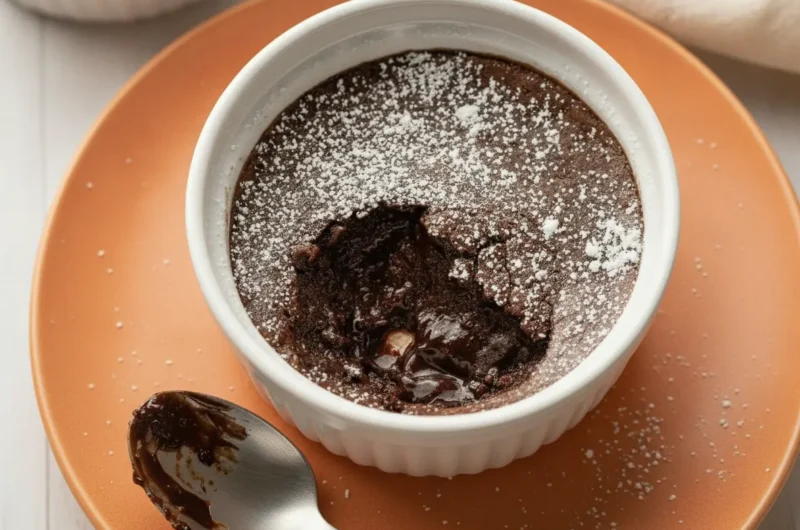 A hero shot of a single white ceramic ramekin filled with Viral Brownie Pudding for Two, featuring a dark chocolate fudgy top dusted with powdered sugar. A silver spoon has taken a scoop out, revealing a glossy, molten chocolate sauce interior. The ramekin sits on a white marble countertop with a wooden cutting board nearby. Soft morning light creates gentle shadows and highlights the rich texture of the dessert.