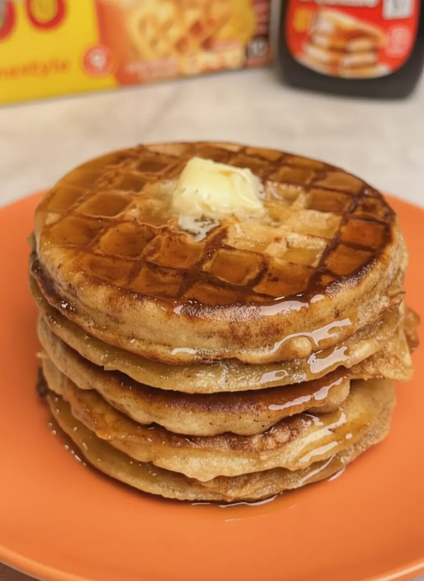 A top-down shot of the ingredients for Viral French Toast Waffles. A rustic ceramic bowl contains a whisked cinnamon egg wash next to a stack of plain frozen waffles on a wooden cutting board. The marble surface is scattered with a few cinnamon sticks and a small bottle of vanilla extract, all bathed in soft, natural window light.