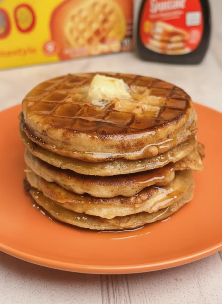 A close-up shot of a single Viral French Toast Waffle sizzling in a cast-iron skillet on the stove. The edges are turning a deep, caramelized brown, and the egg wash is bubbling slightly in the waffle's squares. The lighting is warm and focused on the texture of the golden crust, with a clean white tiled backsplash in the soft-focus background.