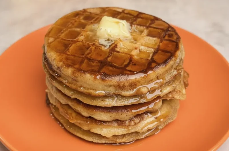 A tall, appetizing stack of four round, golden-brown Viral French Toast Waffles on a minimalist white ceramic plate. The waffles are glistening with a generous drizzle of amber maple syrup that pools at the base. A thick pat of yellow butter is slowly melting on the top waffle. The scene is set on a clean marble countertop with a soft morning light coming from the side, creating gentle shadows. In the background, a wooden cutting board and a small sprig of fresh mint are visible, emphasizing a warm, home-cooked atmosphere.