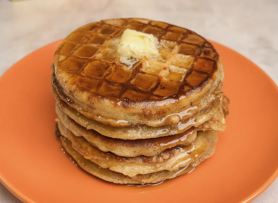 A tall, appetizing stack of four round, golden-brown Viral French Toast Waffles on a minimalist white ceramic plate. The waffles are glistening with a generous drizzle of amber maple syrup that pools at the base. A thick pat of yellow butter is slowly melting on the top waffle. The scene is set on a clean marble countertop with a soft morning light coming from the side, creating gentle shadows. In the background, a wooden cutting board and a small sprig of fresh mint are visible, emphasizing a warm, home-cooked atmosphere.