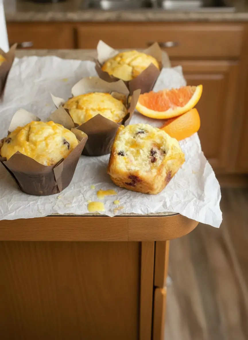 A process shot of muffin batter speckled with orange zest and dried cranberries filled in brown parchment liners inside a metallic muffin tin. The tin is resting on a clean wooden cutting board on a white marble countertop.