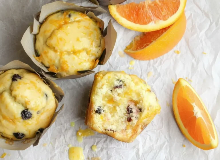 A top-down angle shot of Zesty Buttery Orange-Cranberry Muffins wrapped in brown parchment paper. One muffin in the center is broken in half, revealing a tender, yellow-crumbed interior studded with dark red dried cranberries. The top is drizzled with a glossy orange glaze and sprinkled with fine orange zest. Next to it sit two fresh orange wedges on crumpled white parchment paper. Shot in warm morning light on a light marble countertop with soft shadows.