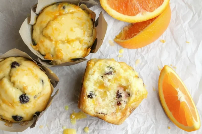 A top-down angle shot of Zesty Buttery Orange-Cranberry Muffins wrapped in brown parchment paper. One muffin in the center is broken in half, revealing a tender, yellow-crumbed interior studded with dark red dried cranberries. The top is drizzled with a glossy orange glaze and sprinkled with fine orange zest. Next to it sit two fresh orange wedges on crumpled white parchment paper. Shot in warm morning light on a light marble countertop with soft shadows.