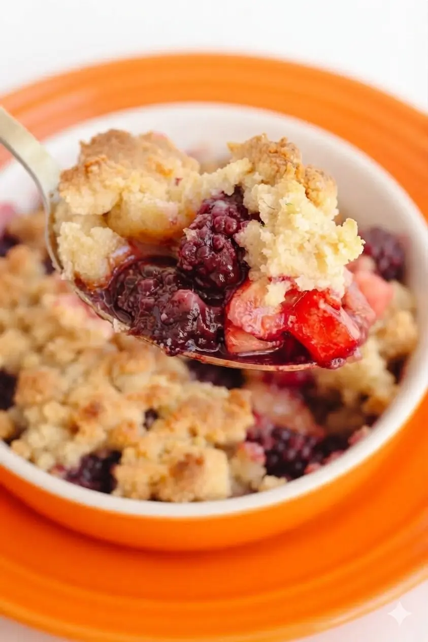 A close-up focus on the crumble topping being prepared in a white bowl. The texture is craggy and uneven with visible cubes of cold butter and flakes of oats. The background shows the marble counter and a hint of fresh herbs. No hands.