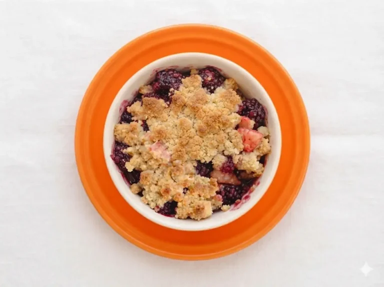 A hero shot of a rustic ceramic dish filled with Apple and Blackberry Crumble. The topping is golden-brown, buttery, and craggy with visible oats and sugar crystals. A large spoonful has been taken out, revealing the steaming, dark purple blackberry juices and bright red-stained apple chunks inside. The dish is set on a marble countertop with soft morning light from a side window, warm tones, and soft shadows. No hands, no people.
