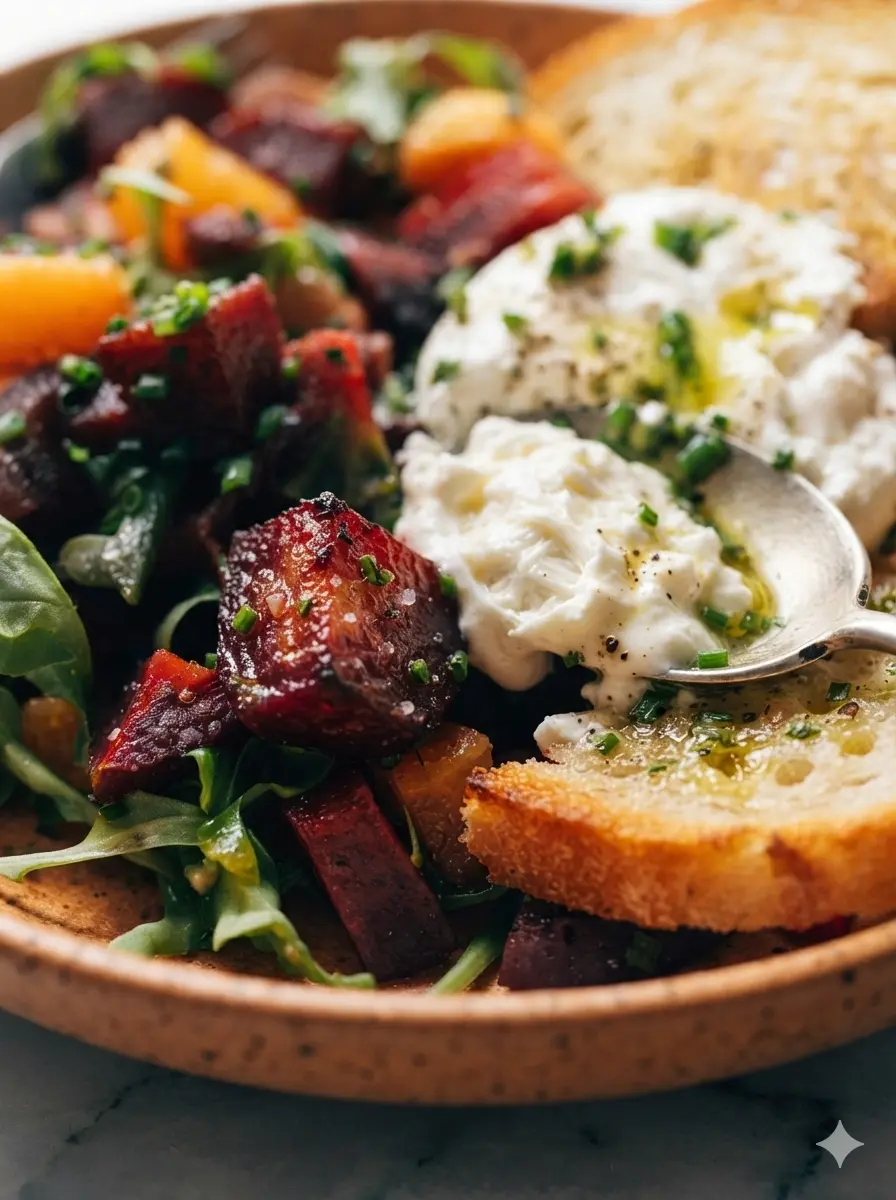 A wooden cutting board on a marble counter showing whole roasted beets with their skins partially removed, revealing deep red and orange interiors. Fresh chives and a bottle of olive oil are in the soft-focus background with warm natural light.