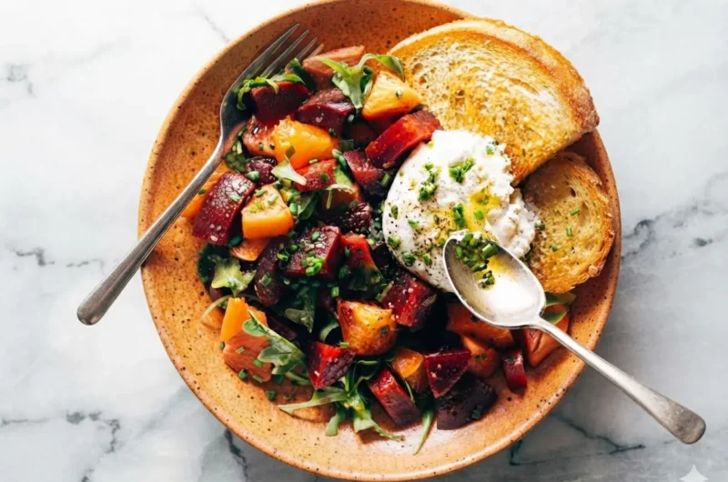 A top-down hero shot of a Beet and Burrata Salad with Fried Bread in a minimalist white ceramic bowl. The bowl contains vibrant ruby red and golden beet wedges, a torn ball of creamy white burrata with liquid center spilling out, and bright green arugula. Two thick slices of golden-brown fried sourdough bread lean against the side of the bowl. The scene is set on a white marble countertop with soft morning light from the east, a wooden cutting board nearby, and fresh chives scattered naturally.