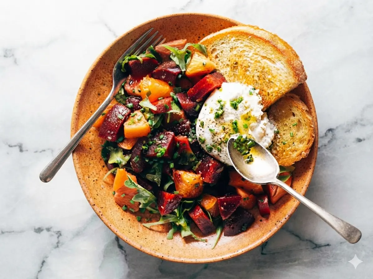 A top-down hero shot of a Beet and Burrata Salad with Fried Bread in a minimalist white ceramic bowl. The bowl contains vibrant ruby red and golden beet wedges, a torn ball of creamy white burrata with liquid center spilling out, and bright green arugula. Two thick slices of golden-brown fried sourdough bread lean against the side of the bowl. The scene is set on a white marble countertop with soft morning light from the east, a wooden cutting board nearby, and fresh chives scattered naturally.