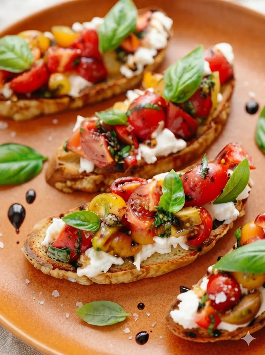 A collection of fresh ingredients for Burrata Bruschetta on a marble countertop: a crusty baguette loaf, a white ceramic bowl filled with red and yellow cherry tomatoes, a bundle of fresh basil, a bottle of olive oil, and a whole ball of white burrata cheese. The setting is clean and minimalist with warm wooden accents.