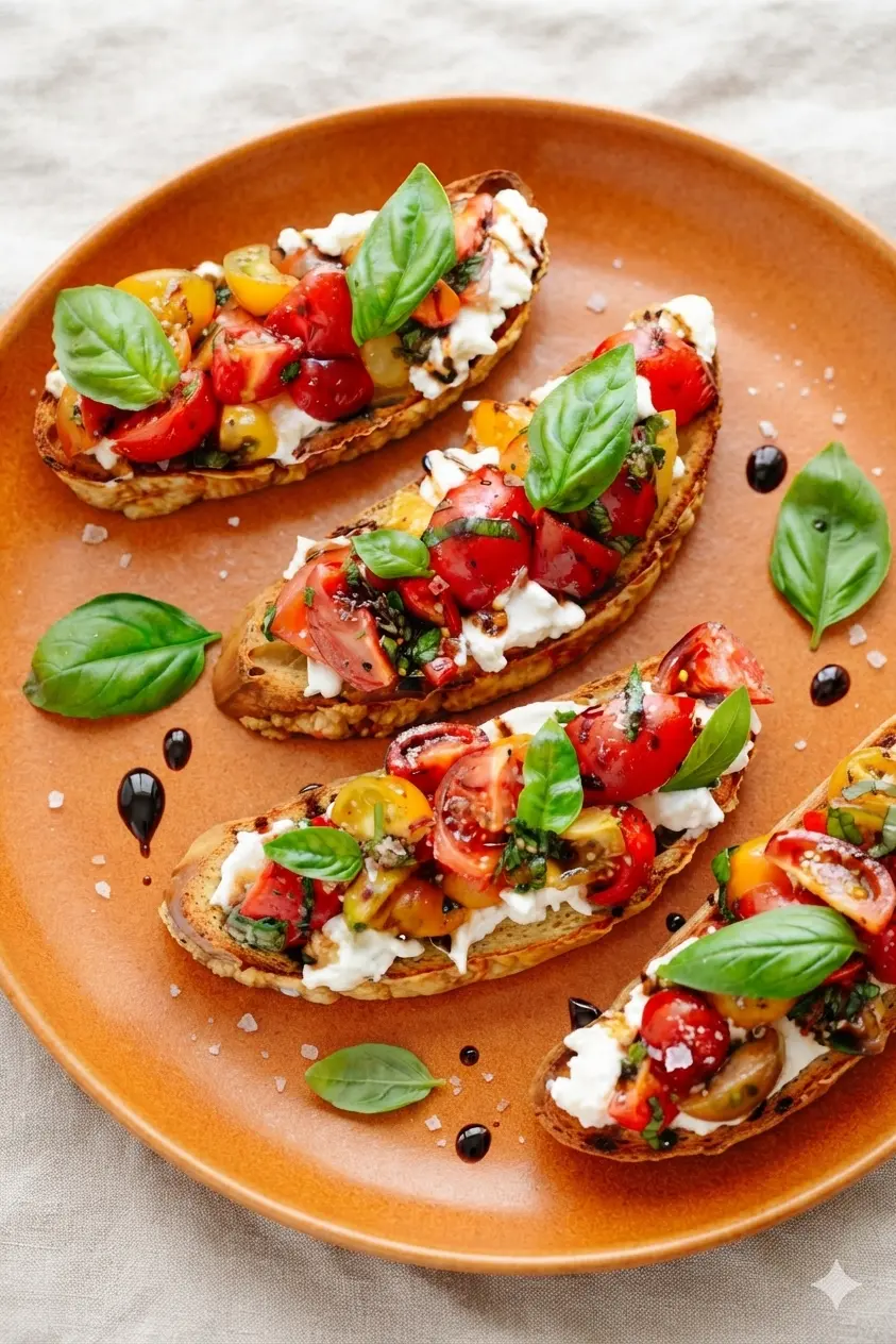 A process shot showing golden toasted baguette slices arranged on a wooden board. Some slices are bare, while others have thick, creamy layers of white burrata cheese spread across them. A small bowl of marinated tomatoes and basil sits nearby on the marble surface. Natural light highlights the textures of the bread and cheese.