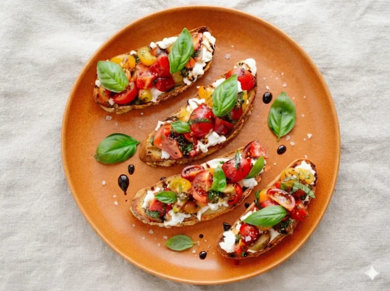 A high-angle hero shot of several Burrata Bruschetta pieces arranged on a rustic wooden cutting board. The toasted bread is topped with creamy white burrata, vibrant red and yellow halved cherry tomatoes, and thin ribbons of fresh green basil. A dark, glossy balsamic glaze is drizzled artistically over the top. The scene is set on a white marble countertop with soft morning sunlight creating gentle shadows. Fresh basil sprigs and a small bowl of sea salt are visible in the background.
