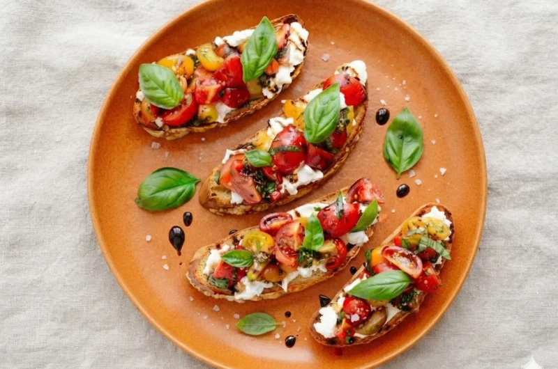 A high-angle hero shot of several Burrata Bruschetta pieces arranged on a rustic wooden cutting board. The toasted bread is topped with creamy white burrata, vibrant red and yellow halved cherry tomatoes, and thin ribbons of fresh green basil. A dark, glossy balsamic glaze is drizzled artistically over the top. The scene is set on a white marble countertop with soft morning sunlight creating gentle shadows. Fresh basil sprigs and a small bowl of sea salt are visible in the background.