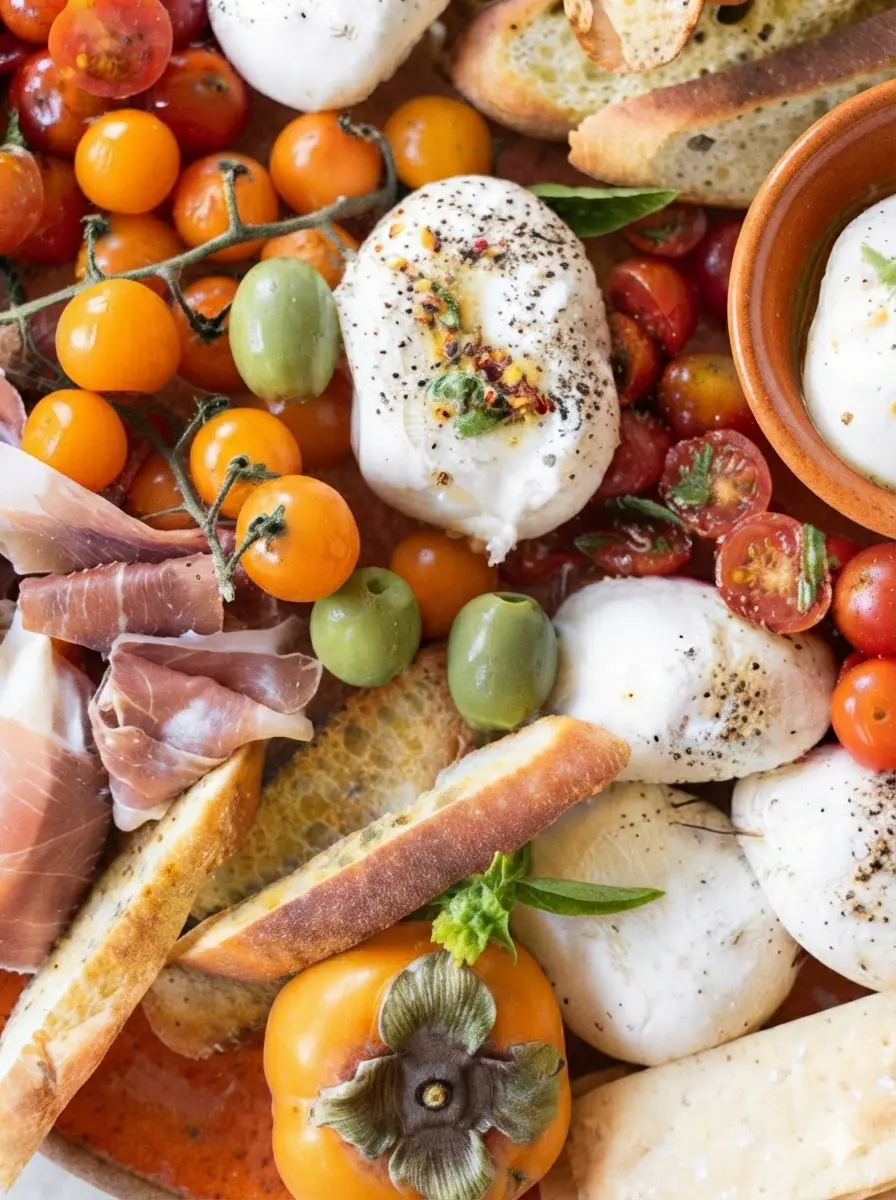 A prep-focused shot on a wooden cutting board under natural light. Ingredients for Burrata Platter with Delicious Marinated Tomatoes are displayed: a pile of red and orange cherry tomatoes, a bottle of olive oil, a bunch of fresh basil, and a small bowl of minced garlic. The scene is tidy and minimalist.
