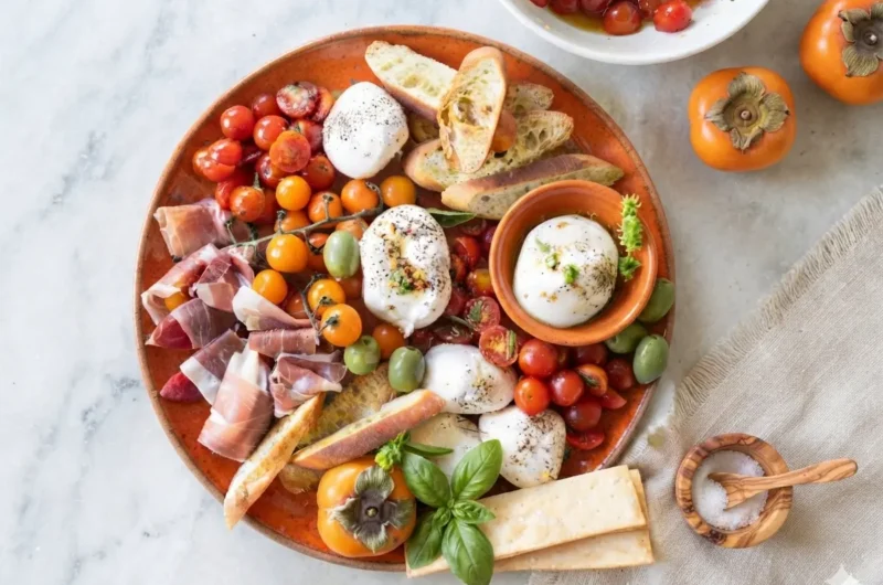A hero shot of a Burrata Platter with Delicious Marinated Tomatoes on a large minimalist white ceramic plate. The plate sits on a white marble countertop with soft morning sunlight streaming in. The platter features three large white burrata balls topped with cracked black pepper, surrounded by a vibrant mix of red and orange cherry tomatoes, green olives, ribbons of prosciutto, and toasted baguette slices. A whole orange persimmon and long crackers are tucked in. Fresh basil leaves and herbs are visible in the soft-focus background. Warm tones, clean presentation, soft shadows.