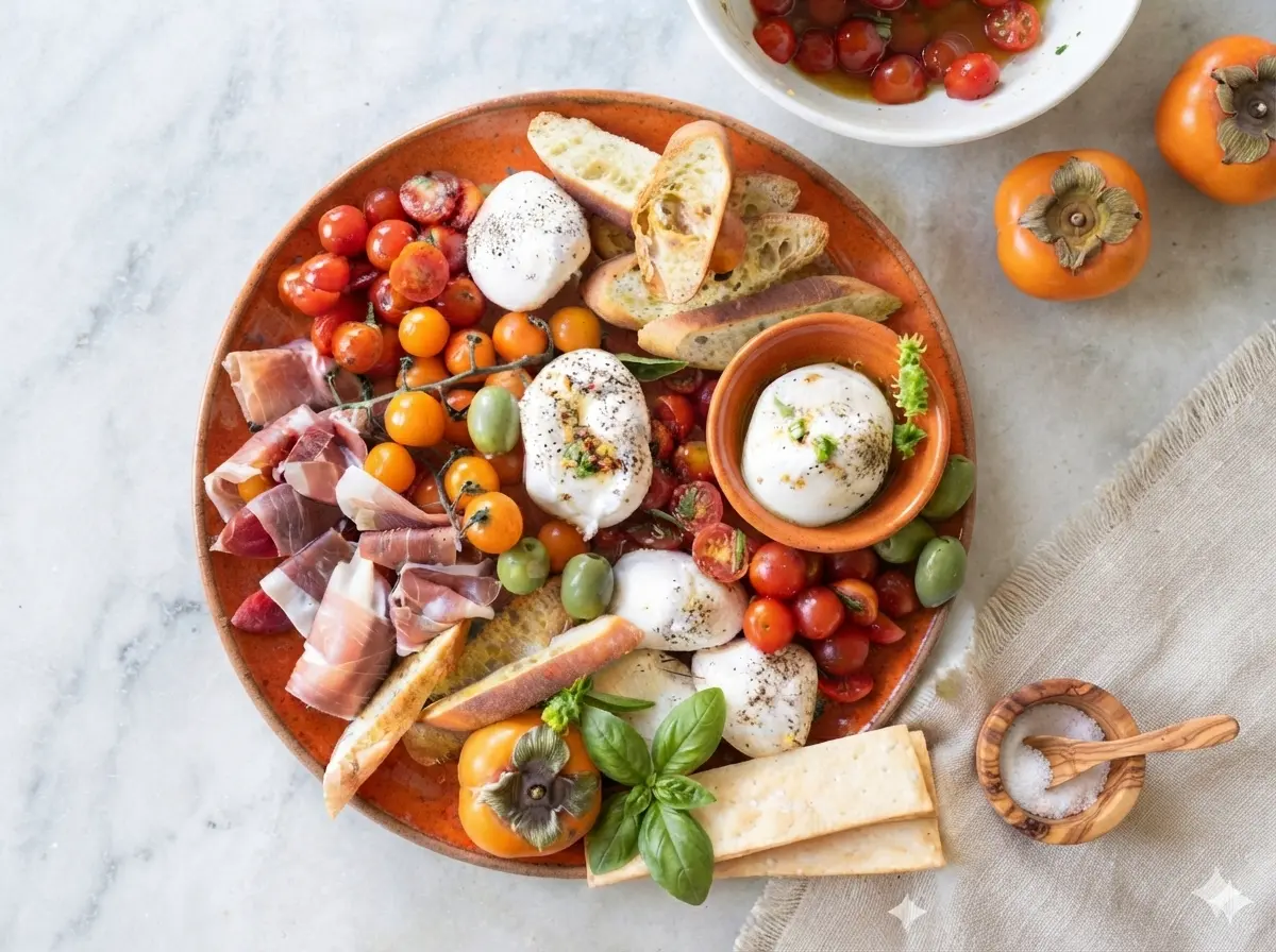 A hero shot of a Burrata Platter with Delicious Marinated Tomatoes on a large minimalist white ceramic plate. The plate sits on a white marble countertop with soft morning sunlight streaming in. The platter features three large white burrata balls topped with cracked black pepper, surrounded by a vibrant mix of red and orange cherry tomatoes, green olives, ribbons of prosciutto, and toasted baguette slices. A whole orange persimmon and long crackers are tucked in. Fresh basil leaves and herbs are visible in the soft-focus background. Warm tones, clean presentation, soft shadows.