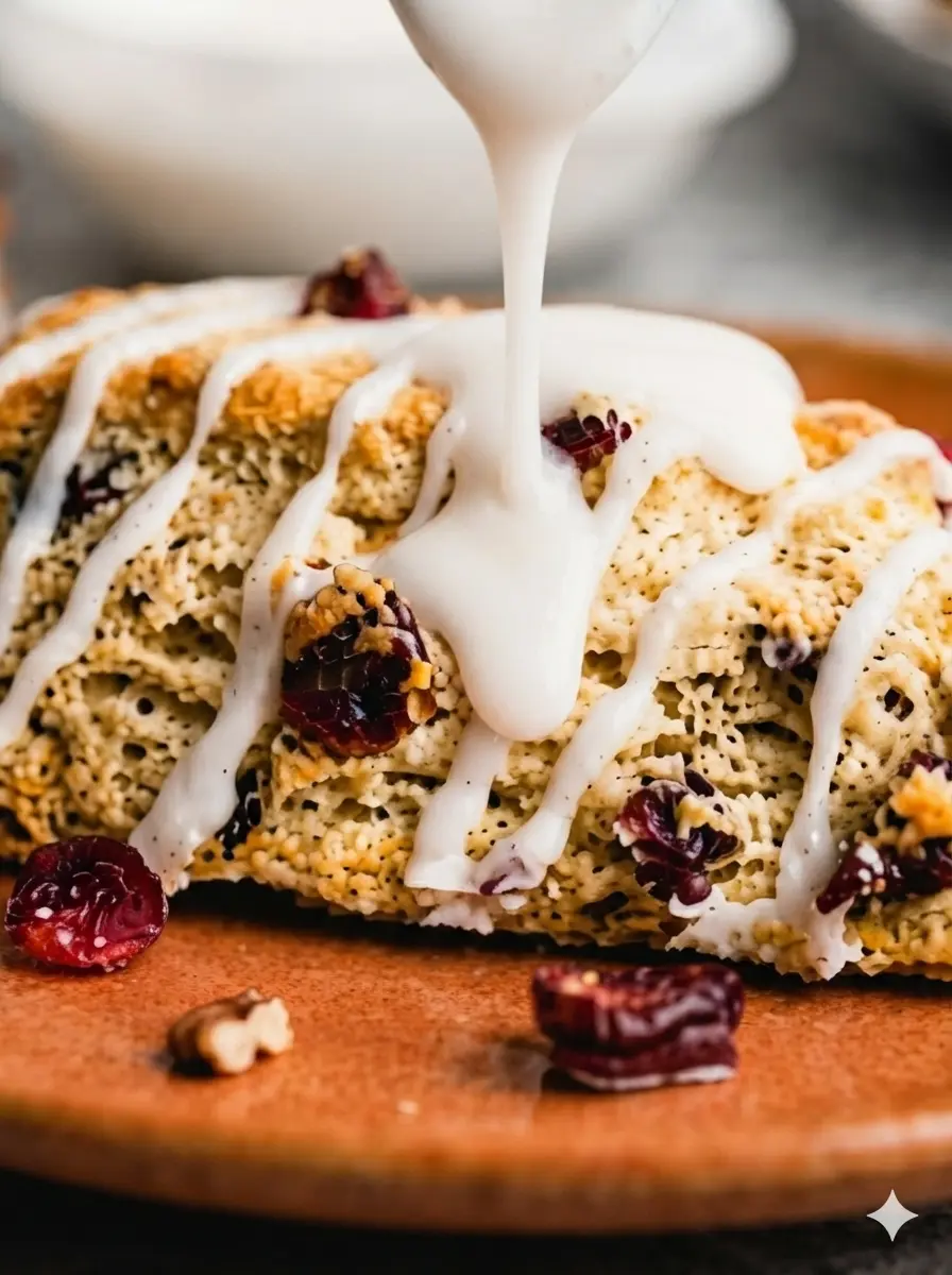 Top-down view of the ingredients for Classic Pastry Scones on a marble surface. A pile of white flour, a small bowl of granulated sugar, cubes of cold yellow butter, and a heap of dried red cranberries. A rustic wooden cutting board is visible at the edge of the frame. Natural light and clean presentation. 3:4 aspect ratio.