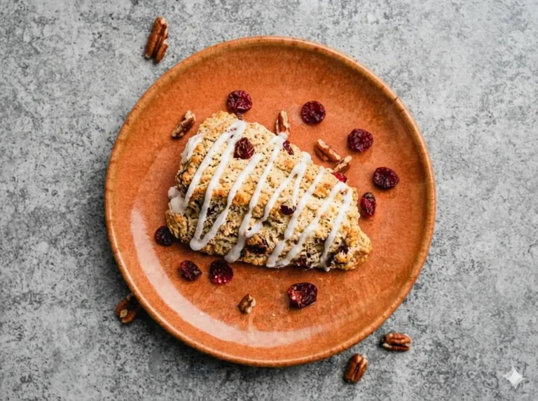A hero shot of a Classic Pastry Scone on a minimalist white ceramic plate, placed on a marble countertop. The scone is triangular, golden-brown, and studded with deep red dried cranberries. A thick, opaque white glaze is perfectly drizzled in zig-zag stripes across the top. Soft morning light from an east window creates gentle shadows. In the background, a wooden cutting board and a small bowl of fresh mint are softly blurred. 4:3 aspect ratio.
