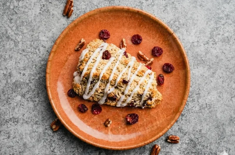 A hero shot of a Classic Pastry Scone on a minimalist white ceramic plate, placed on a marble countertop. The scone is triangular, golden-brown, and studded with deep red dried cranberries. A thick, opaque white glaze is perfectly drizzled in zig-zag stripes across the top. Soft morning light from an east window creates gentle shadows. In the background, a wooden cutting board and a small bowl of fresh mint are softly blurred. 4:3 aspect ratio.