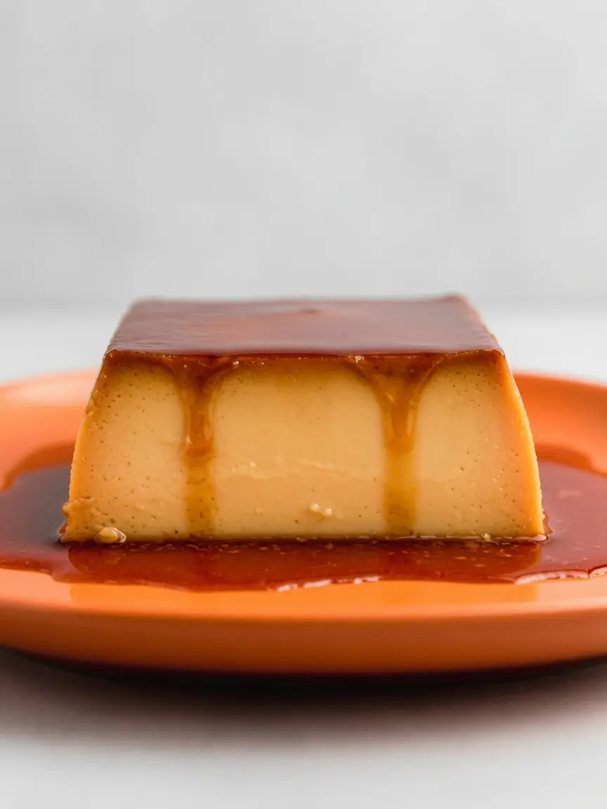 A 3:4 process shot showing a rectangular metal loaf pan. The bottom of the pan is coated in a glossy, dark mahogany-colored liquid caramel. A stream of pale tan custard mixture is being poured into the pan through a fine-mesh silver sieve. No hands are visible. The focus is on the contrast between the dark caramel and the light custard.