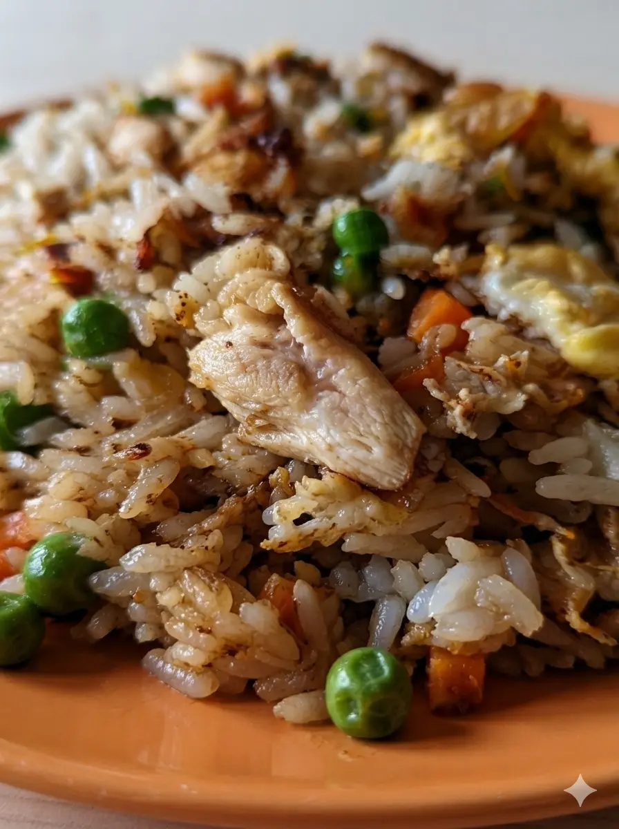 A prep focus shot on a well-used wooden cutting board. Small bite-sized pieces of raw chicken, a bowl of cold white rice, and a pile of bright green peas and orange carrots are arranged neatly. The scene is bathed in natural morning light on a marble surface. 3:4 aspect ratio.