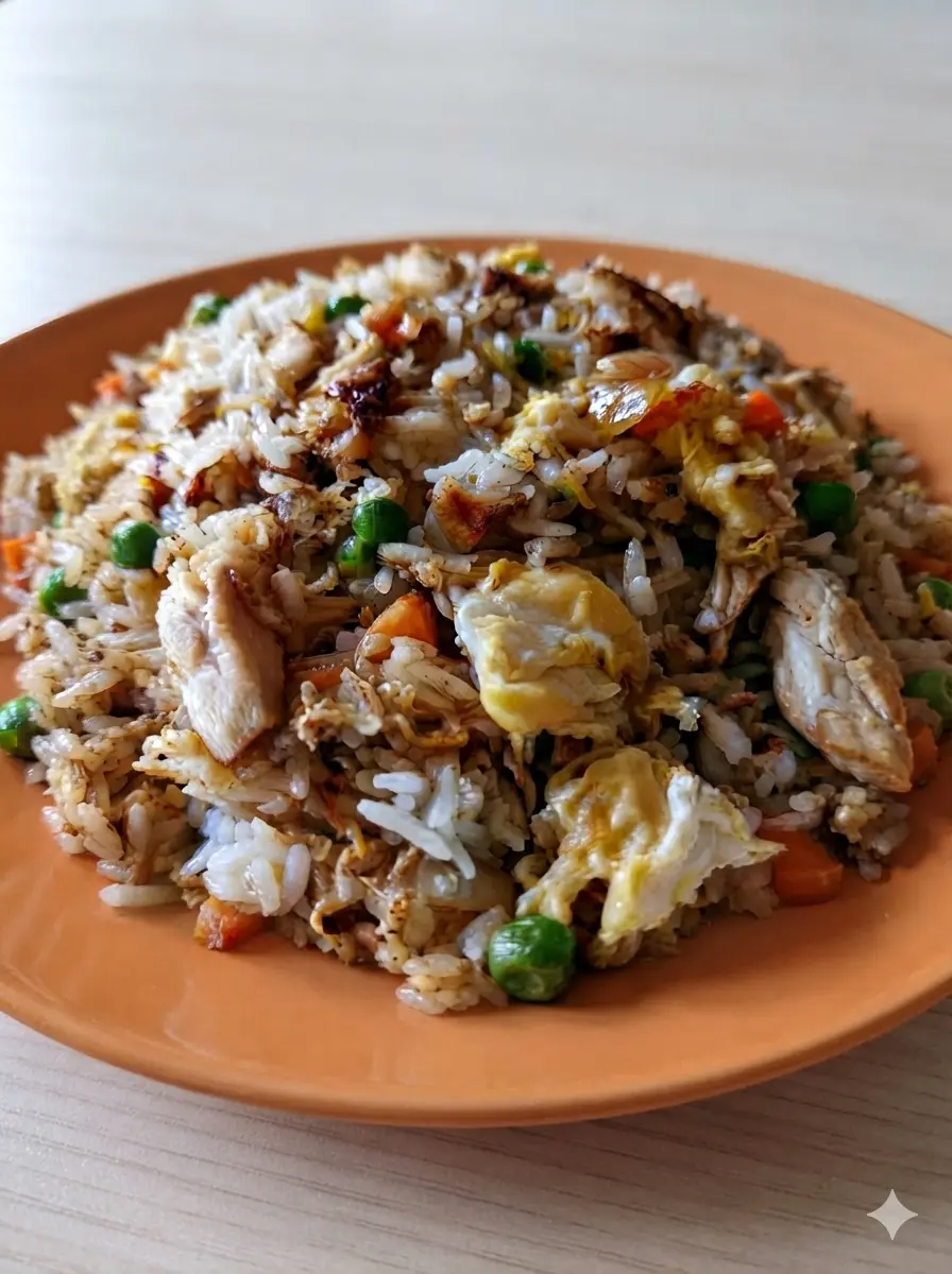 A process focus shot of a stainless steel skillet on the stove. Inside, grains of white rice are sizzling alongside vibrant orange carrots and green peas. Large ribbons of yellow scrambled egg are being folded into the mixture. No hands are visible. The kitchen background is clean and tidy. 3:4 aspect ratio.