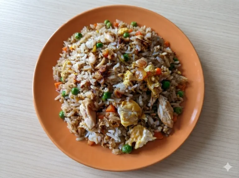 A hero shot of Easy Chicken Fried Rice in a minimalist white ceramic bowl. The rice shows slight browning and char, mixed with large, soft chunks of yellow scrambled egg, bright green peas, and diced orange carrots. The bowl is placed on a white marble countertop with a warm wood accent piece nearby. Soft morning light from an east window creates gentle shadows. Fresh green herbs are visible in the soft-focus background. 4:3 aspect ratio.