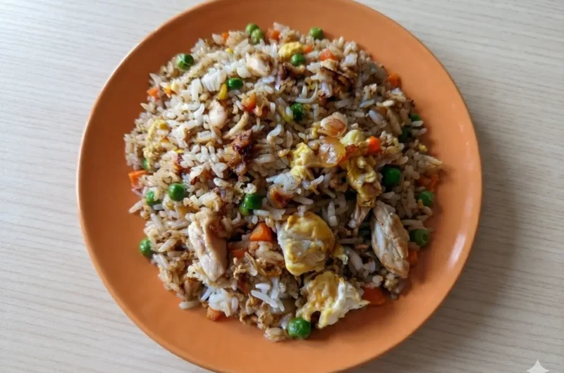 A hero shot of Easy Chicken Fried Rice in a minimalist white ceramic bowl. The rice shows slight browning and char, mixed with large, soft chunks of yellow scrambled egg, bright green peas, and diced orange carrots. The bowl is placed on a white marble countertop with a warm wood accent piece nearby. Soft morning light from an east window creates gentle shadows. Fresh green herbs are visible in the soft-focus background. 4:3 aspect ratio.