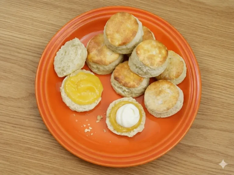 A hero shot of a stack of golden-brown lemonade scones on a minimalist white ceramic plate, placed on a white marble countertop. One scone in the foreground is split open, revealing a fluffy white interior topped with a vibrant yellow lemon curd and a dollop of thick white cream. Soft morning light from an east window creates gentle shadows. Fresh mint sprigs are visible in the background against a clean, tidy kitchen setting.