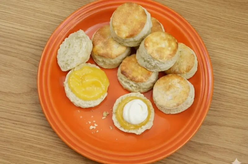 A hero shot of a stack of golden-brown lemonade scones on a minimalist white ceramic plate, placed on a white marble countertop. One scone in the foreground is split open, revealing a fluffy white interior topped with a vibrant yellow lemon curd and a dollop of thick white cream. Soft morning light from an east window creates gentle shadows. Fresh mint sprigs are visible in the background against a clean, tidy kitchen setting.