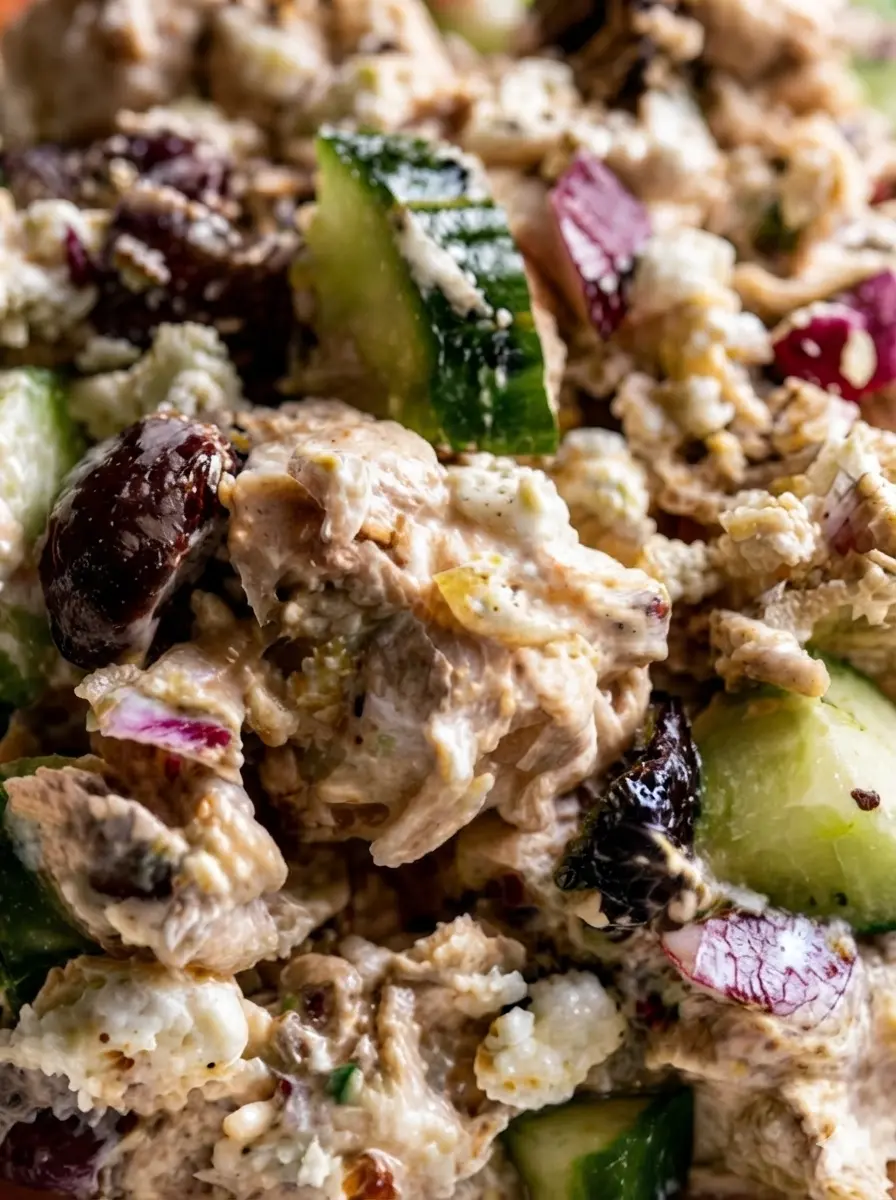 A high-angle shot on a worn wooden cutting board showing the prep phase of the Keto Mediterranean Chicken Salad. Vibrant green English cucumbers are sliced into thick half-moons, next to a pile of finely diced red onions and a small mound of halved dark kalamata olives. The scene is clean and minimalist, set on a marble counter with natural light casting soft shadows. 3:4 ratio.