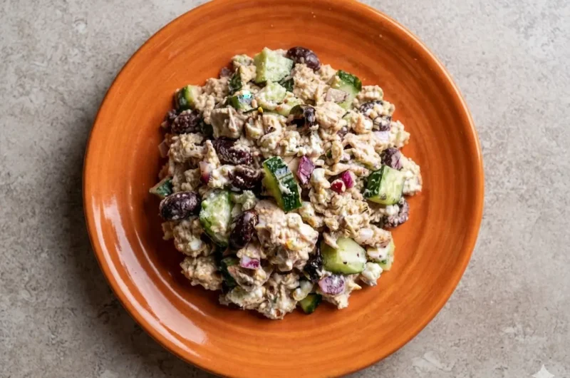 A hero shot of a rustic white ceramic bowl filled with Keto Mediterranean Chicken Salad, featuring large chunks of chicken, thick half-moon cucumber slices, vibrant red onion, dark kalamata olives, and large white feta crumbles. The bowl is placed on a white marble countertop with a wooden cutting board nearby. The scene is illuminated by soft, natural morning light from an east window, creating gentle shadows and a warm, inviting atmosphere. Fresh sprigs of oregano are visible in the soft-focus background.