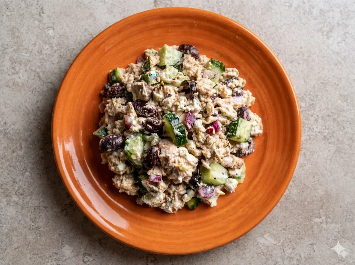 A hero shot of a rustic white ceramic bowl filled with Keto Mediterranean Chicken Salad, featuring large chunks of chicken, thick half-moon cucumber slices, vibrant red onion, dark kalamata olives, and large white feta crumbles. The bowl is placed on a white marble countertop with a wooden cutting board nearby. The scene is illuminated by soft, natural morning light from an east window, creating gentle shadows and a warm, inviting atmosphere. Fresh sprigs of oregano are visible in the soft-focus background.