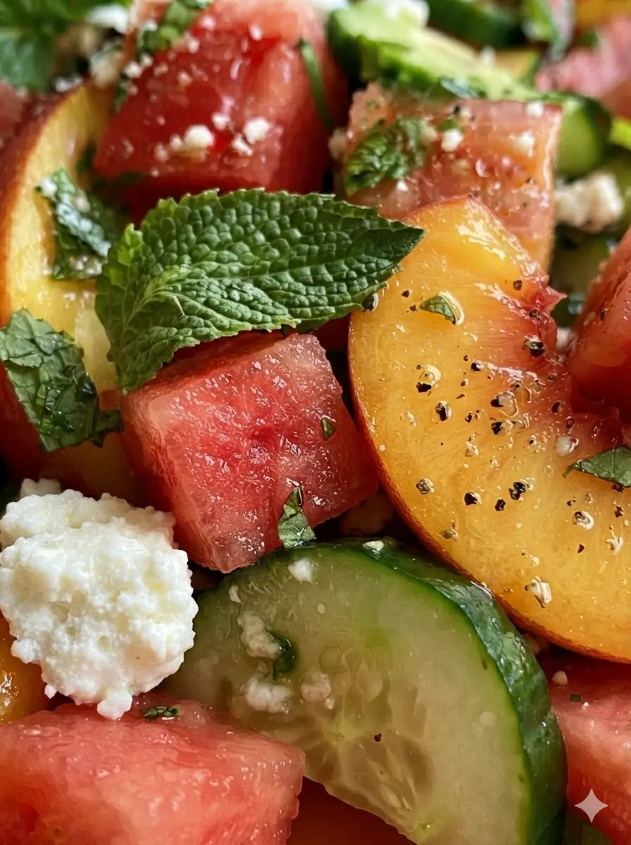 A preparation shot on a large wooden cutting board. Neatly organized piles of cubed red watermelon, sliced yellow peaches, and half-moon green cucumber slices are arranged separately. A small ceramic bowl of crumbled white feta and a bunch of fresh mint sit nearby. The marble countertop is clean and bright under soft natural light.